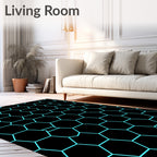 Bold Black Cyan Hexagonal Pattern Rug
