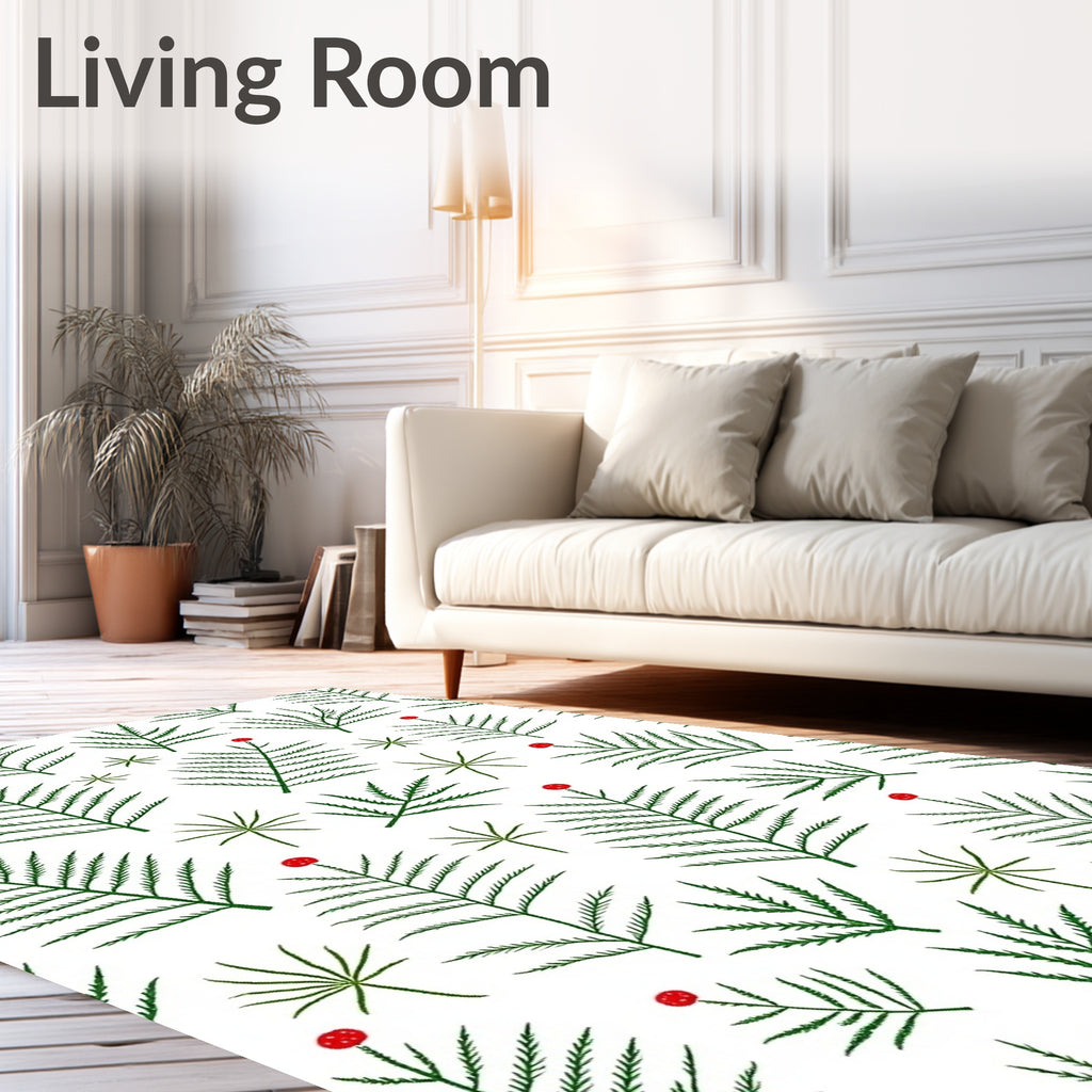 Green Fern Branches Red Berries Rug