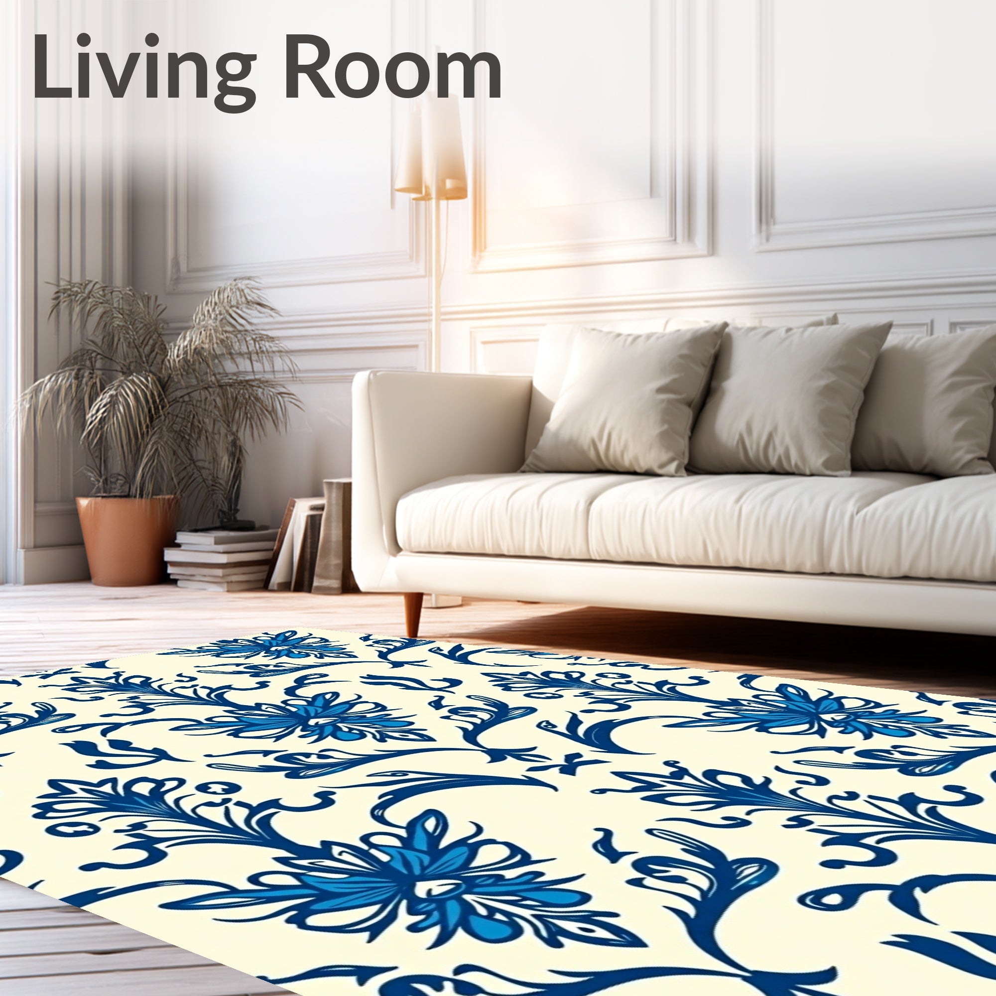 Classic Damask Blue Floral Pattern Rug