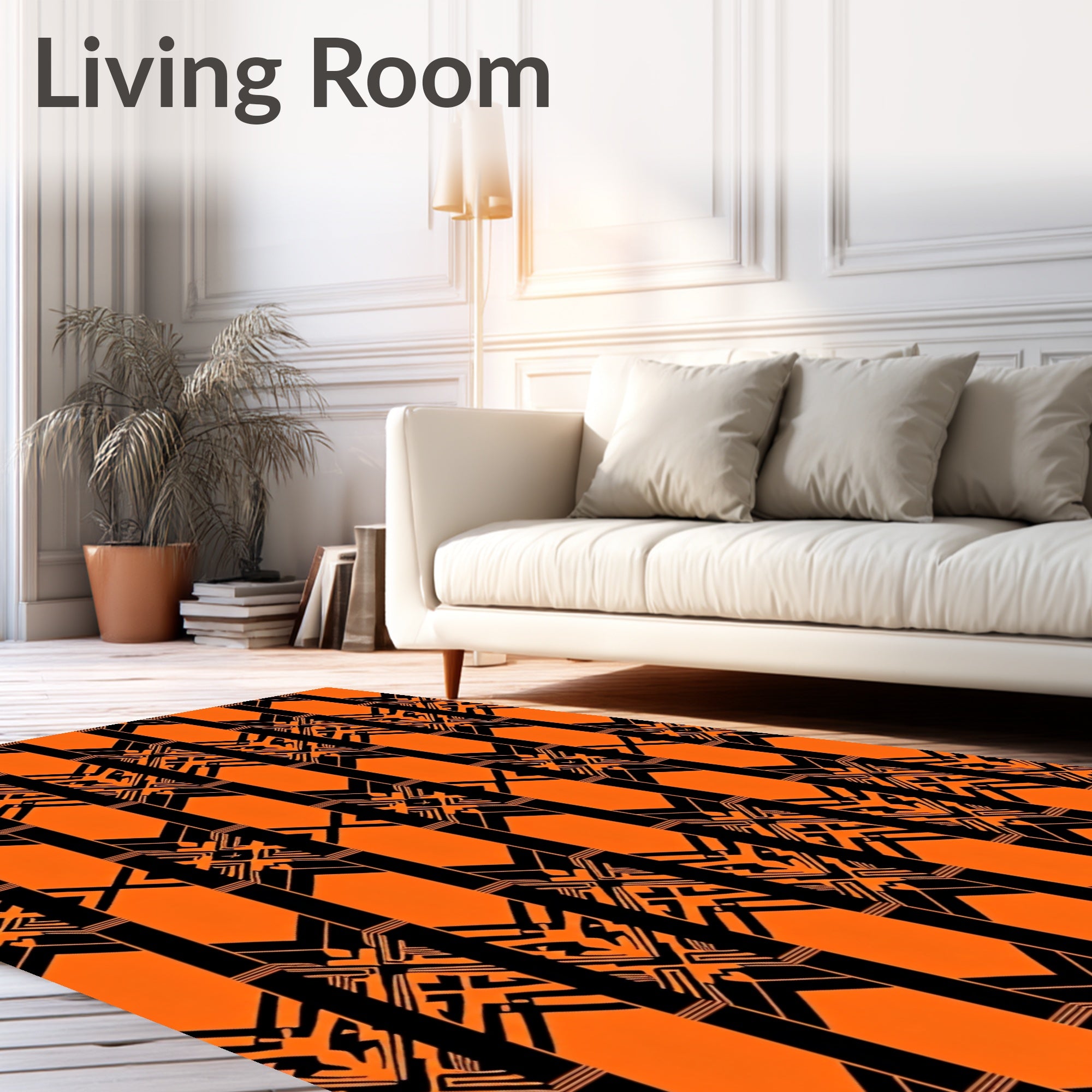 Geometric Black Orange Art Deco Pattern Rug