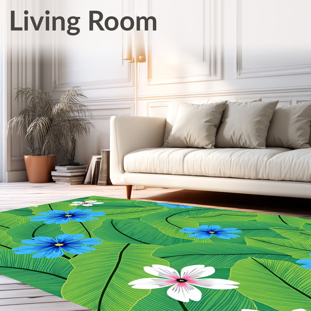 Tropical Green Leaves Blue Flowers Rug