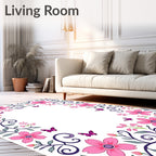 Bright Pink Floral Swirl Butterfly Design Rug