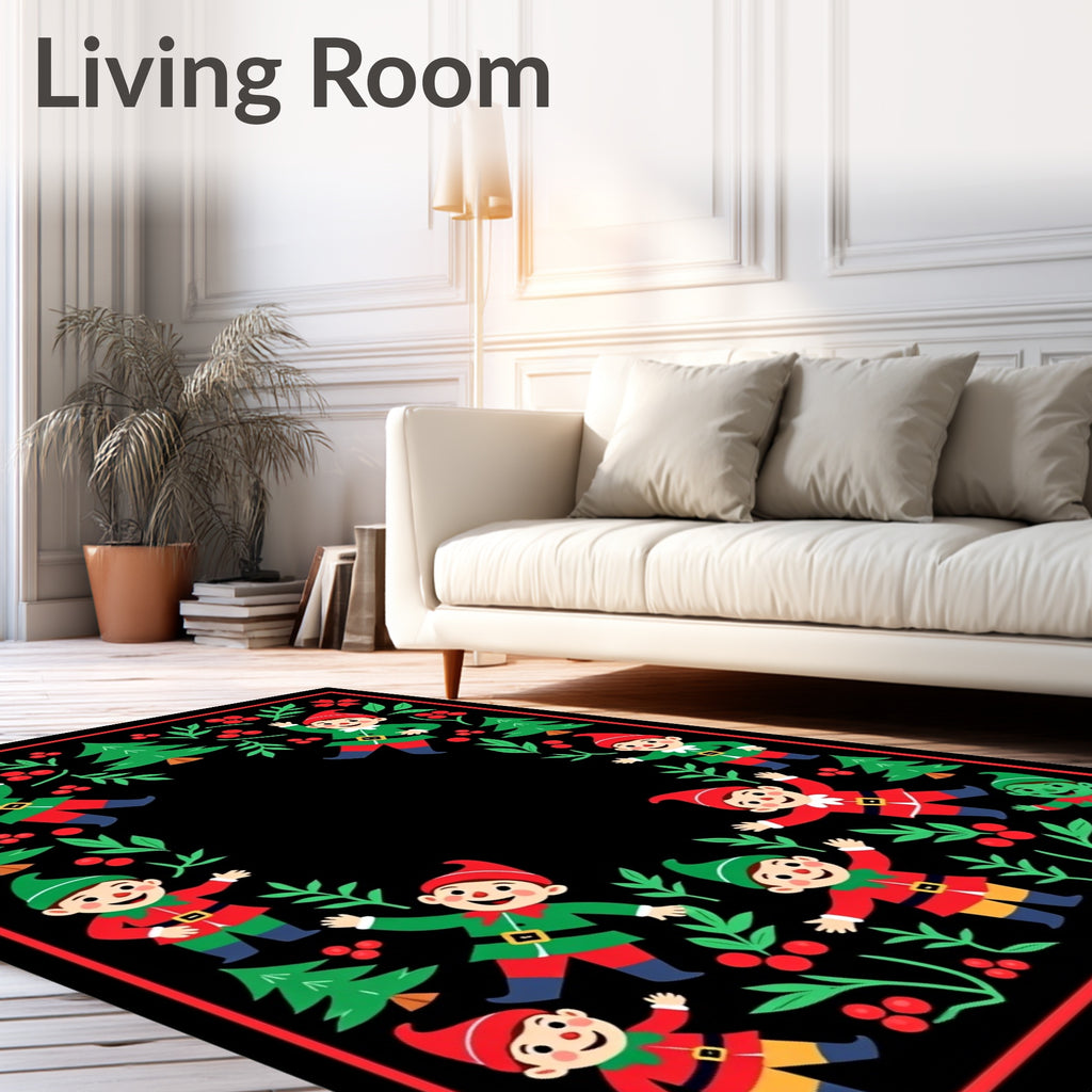 Festive Elves Border with Holly and Pine Christmas Rug