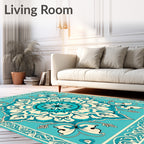 Turquoise Cream Floral Mandala Pattern Rug