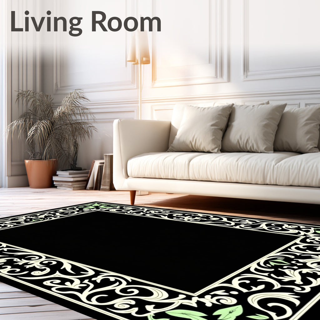 Ornate Green Leaf Scroll Border Rug
