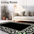 Ornate Green Leaf Scroll Border Rug