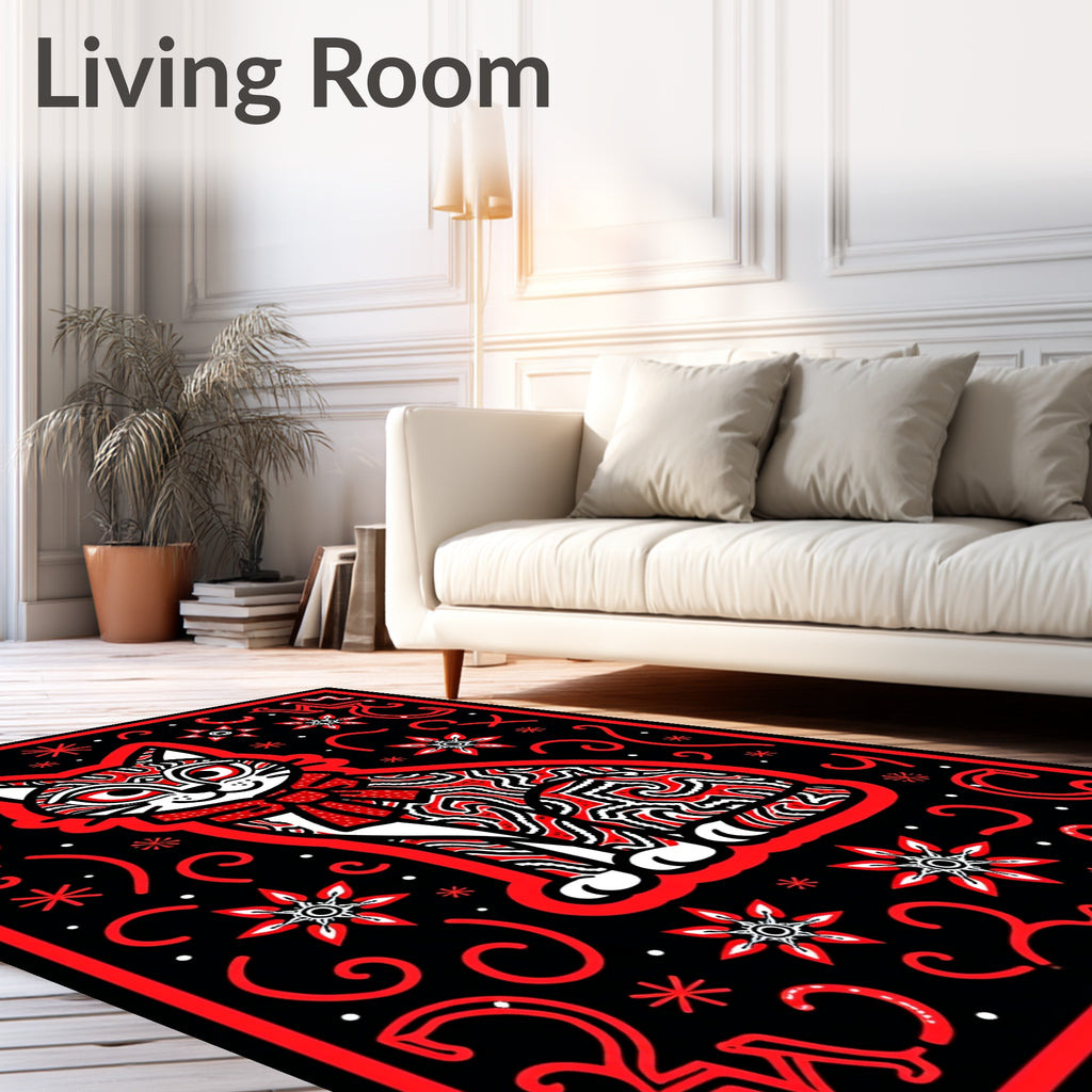 Whimsical Red Swirl Cat Patterned Rug
