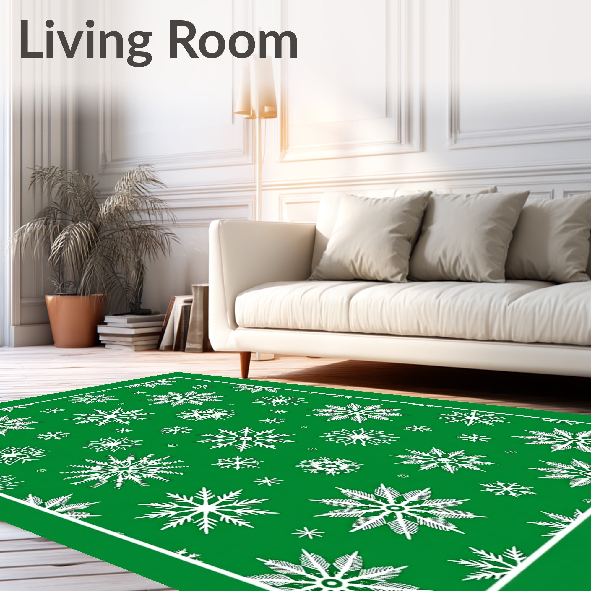 Festive Snowflake Pattern on Green Background Rug