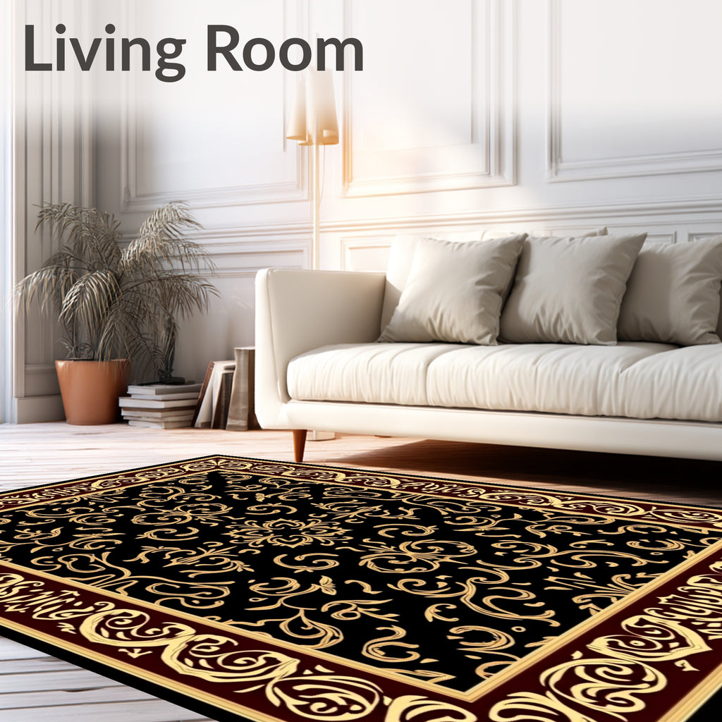 Ornate Black Gold Swirl Pattern Rug
