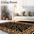 Ornate Black Gold Swirl Pattern Rug
