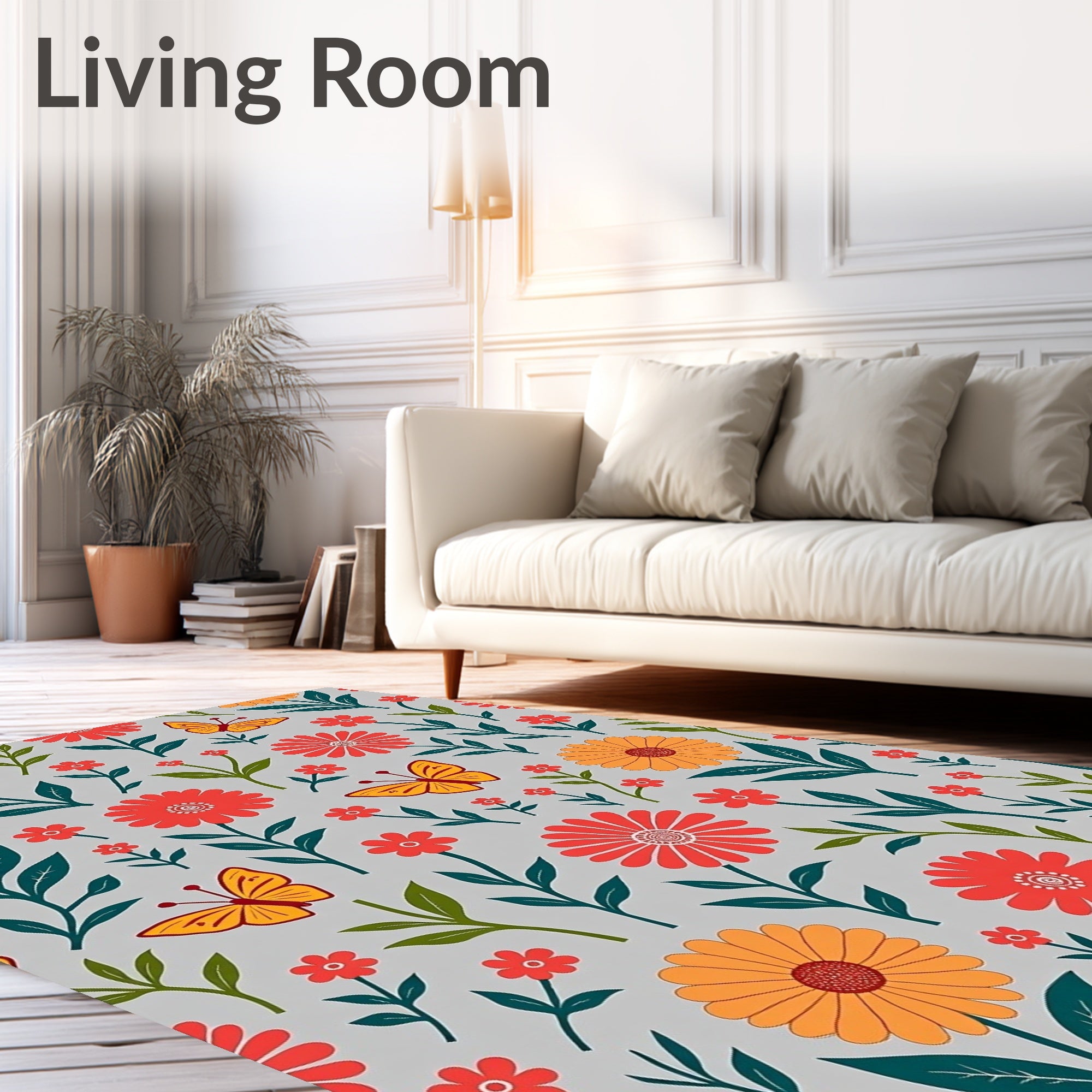 Sunny Floral Butterfly Botanical Pattern Rug