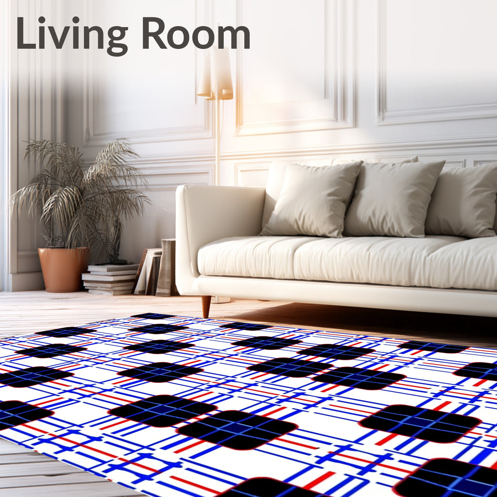 Crimson Blue White Grid Squares Rug