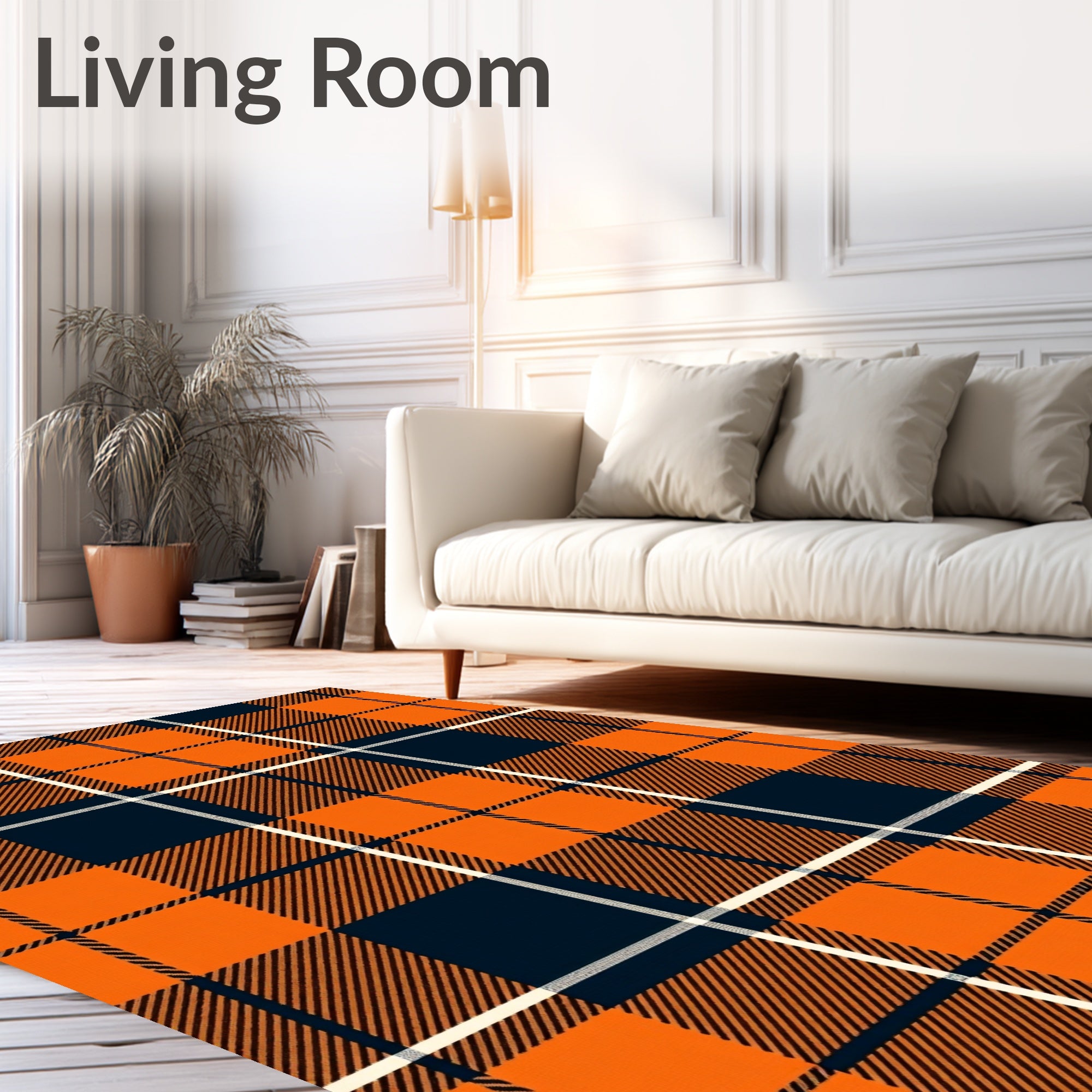 Classic Orange Navy Plaid Pattern Rug