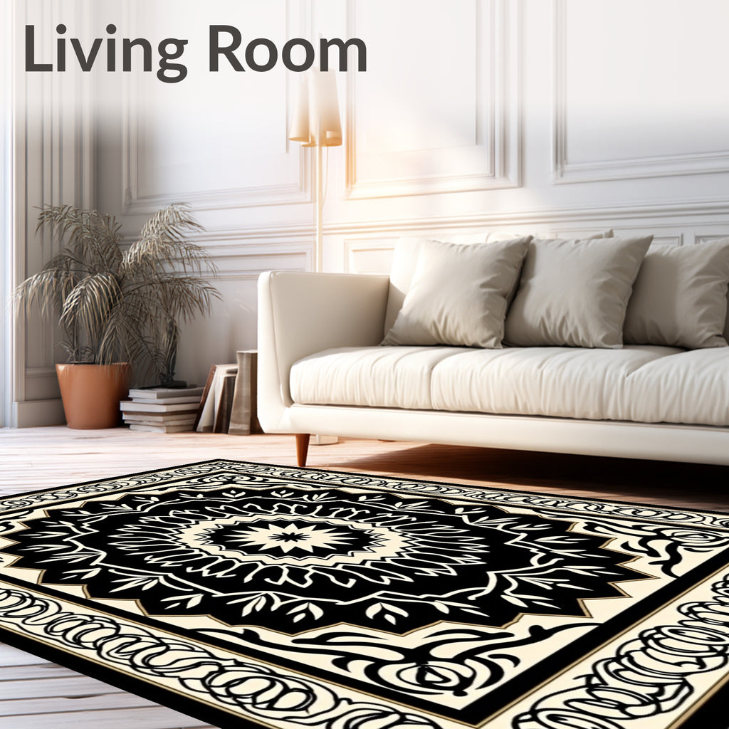 Intricate Black White Mandala Pattern Rug