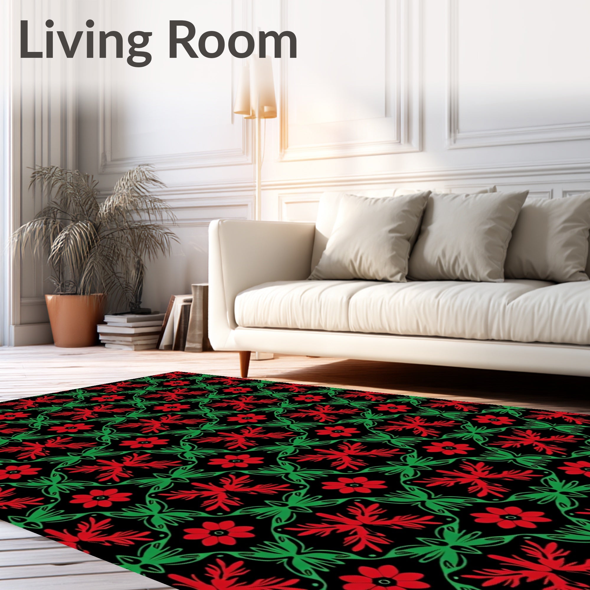 Red Green Floral Butterfly Pattern Rug