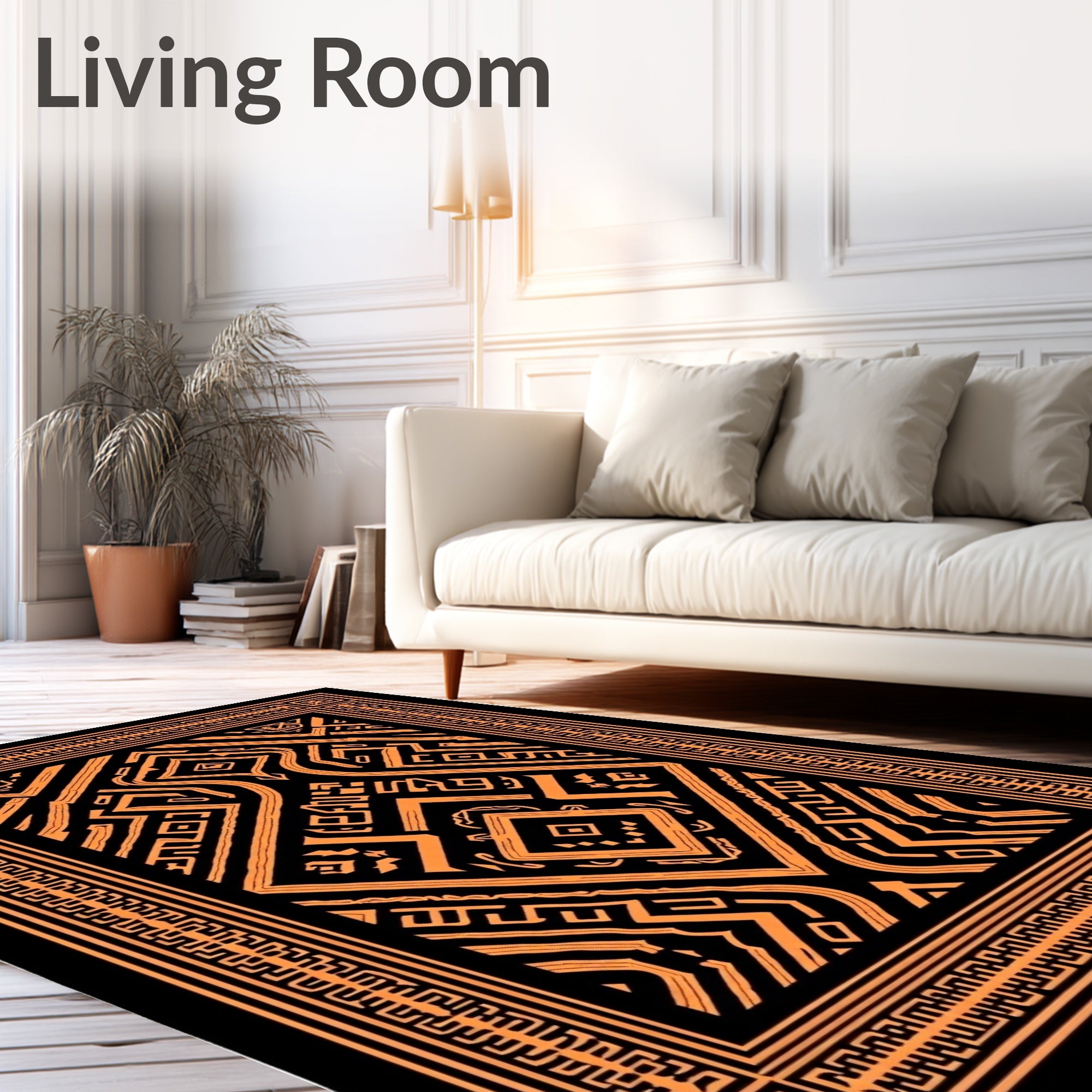 Bold Black Orange Geometric Tribal Rug