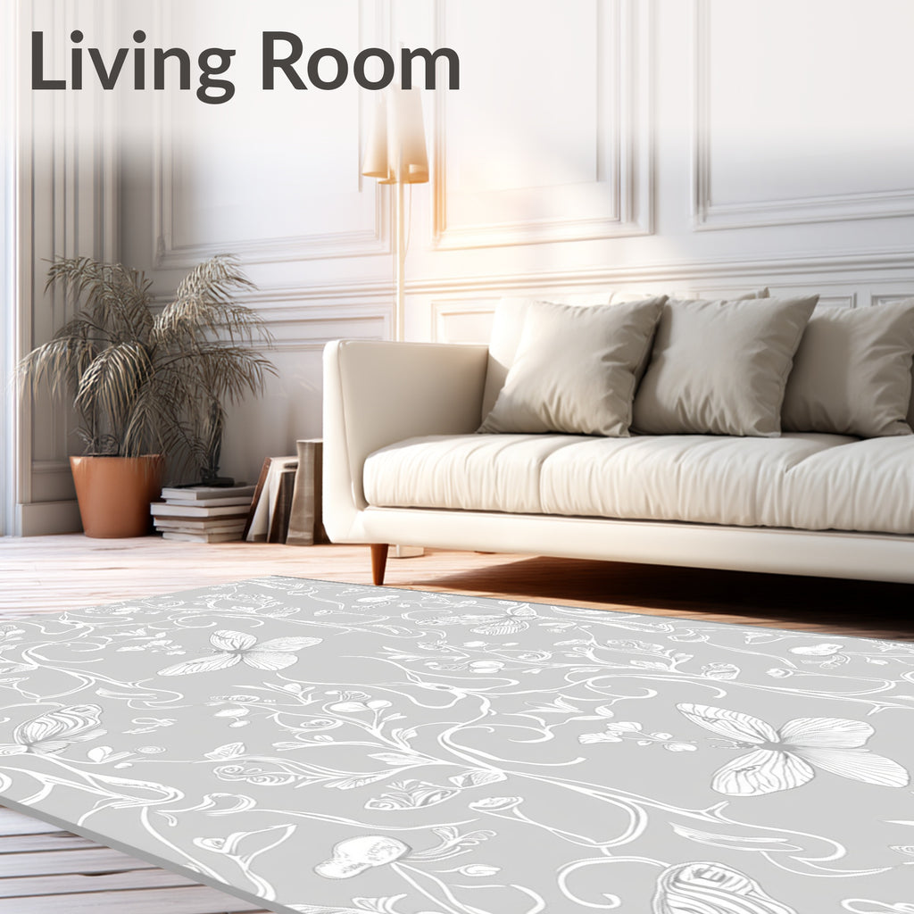 Elegant White Butterfly Nature Pattern Rug