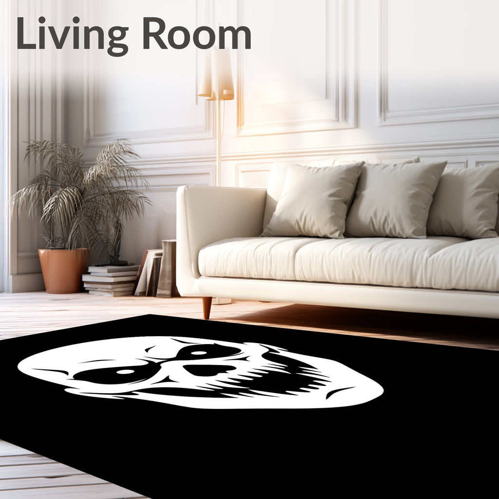 White Skull Graphic Black Background Rug