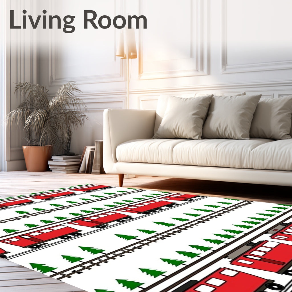 Red Train Tree Track Repeating Pattern Rug