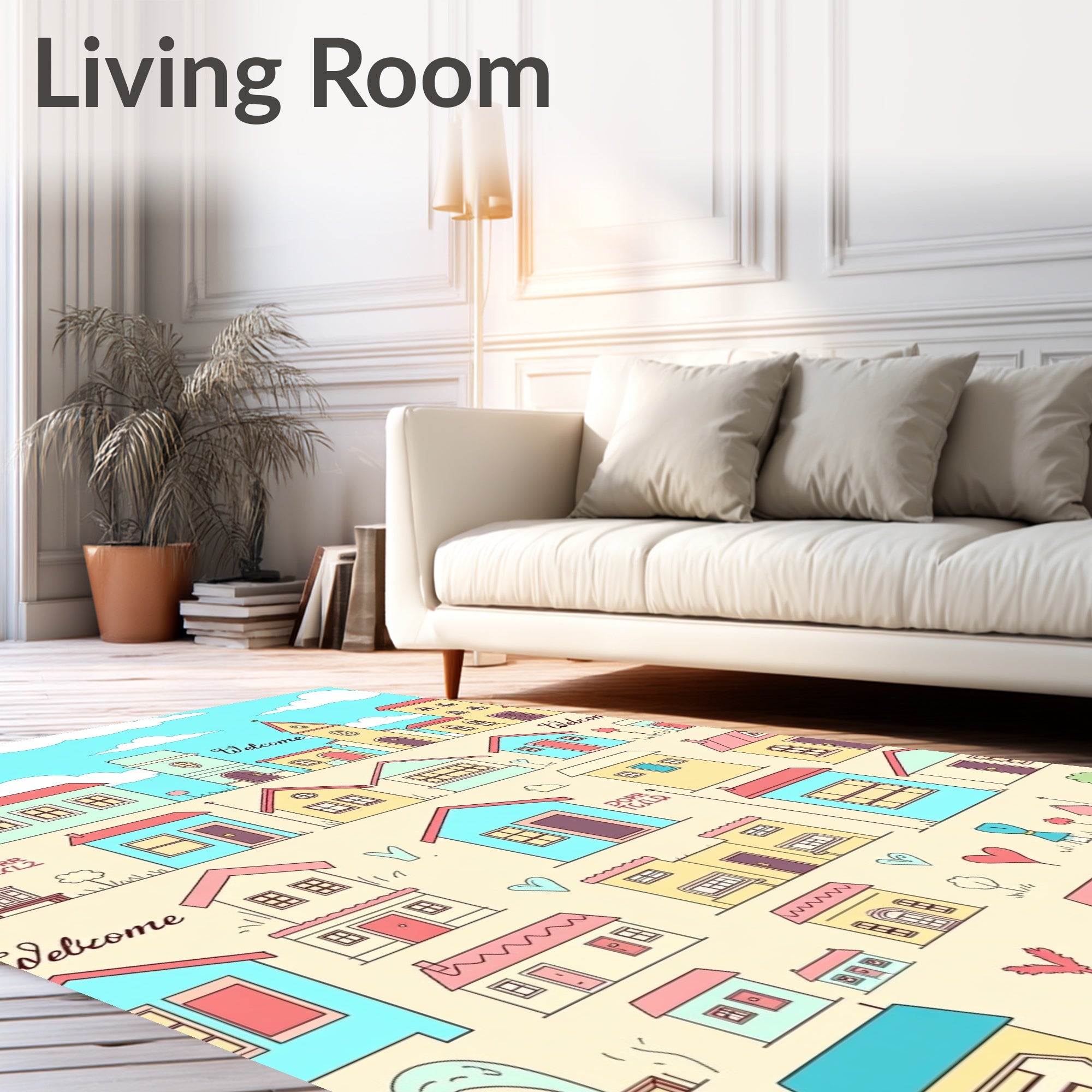 Whimsical Village Houses Pattern Rug