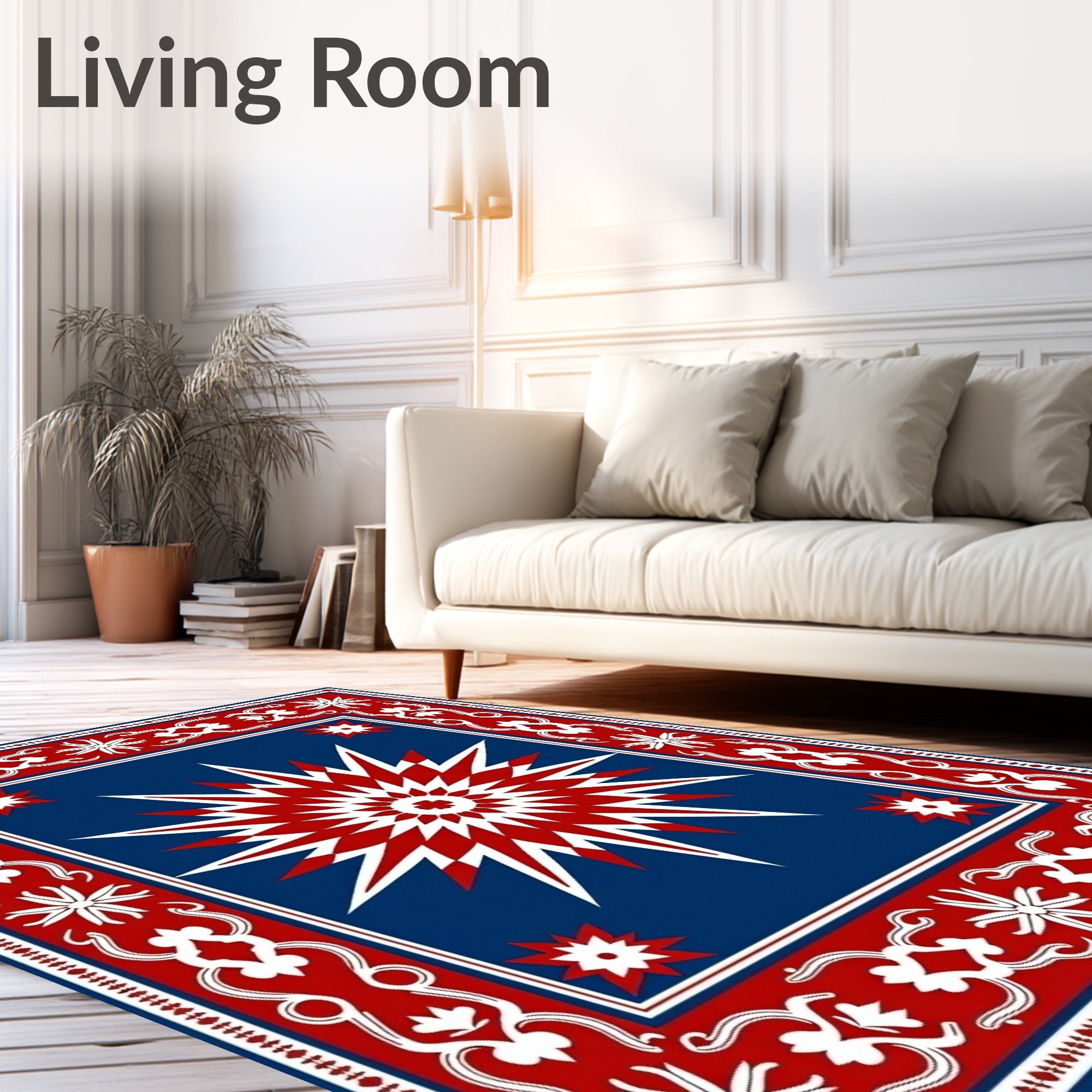 Red White Starburst And Floral Border Rug