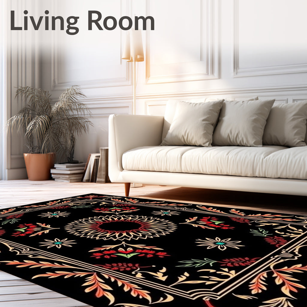 Black Floral Sunburst Pattern Rug