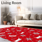 White Snowflakes Sleighs Red Background Rug