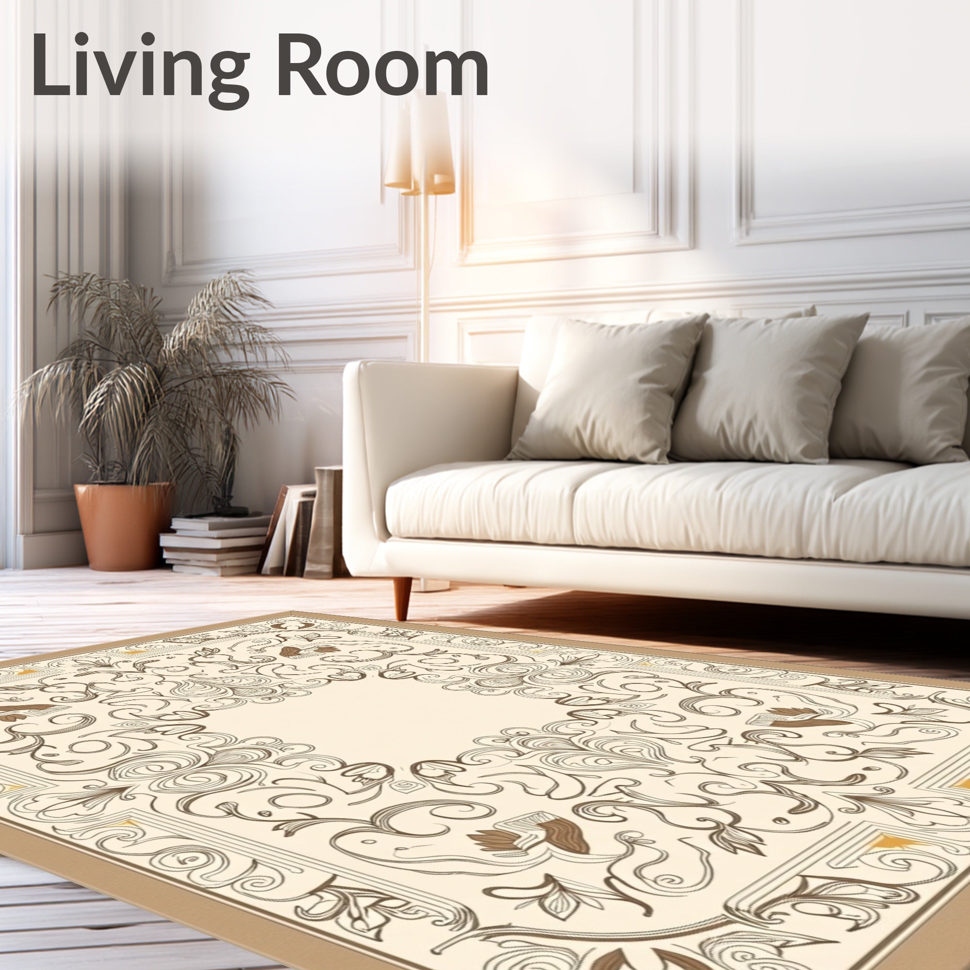 Elegant Beige Scrollwork Floral Design Rug