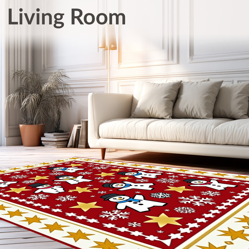 Festive Snowmen Gold Stars Pattern Rug