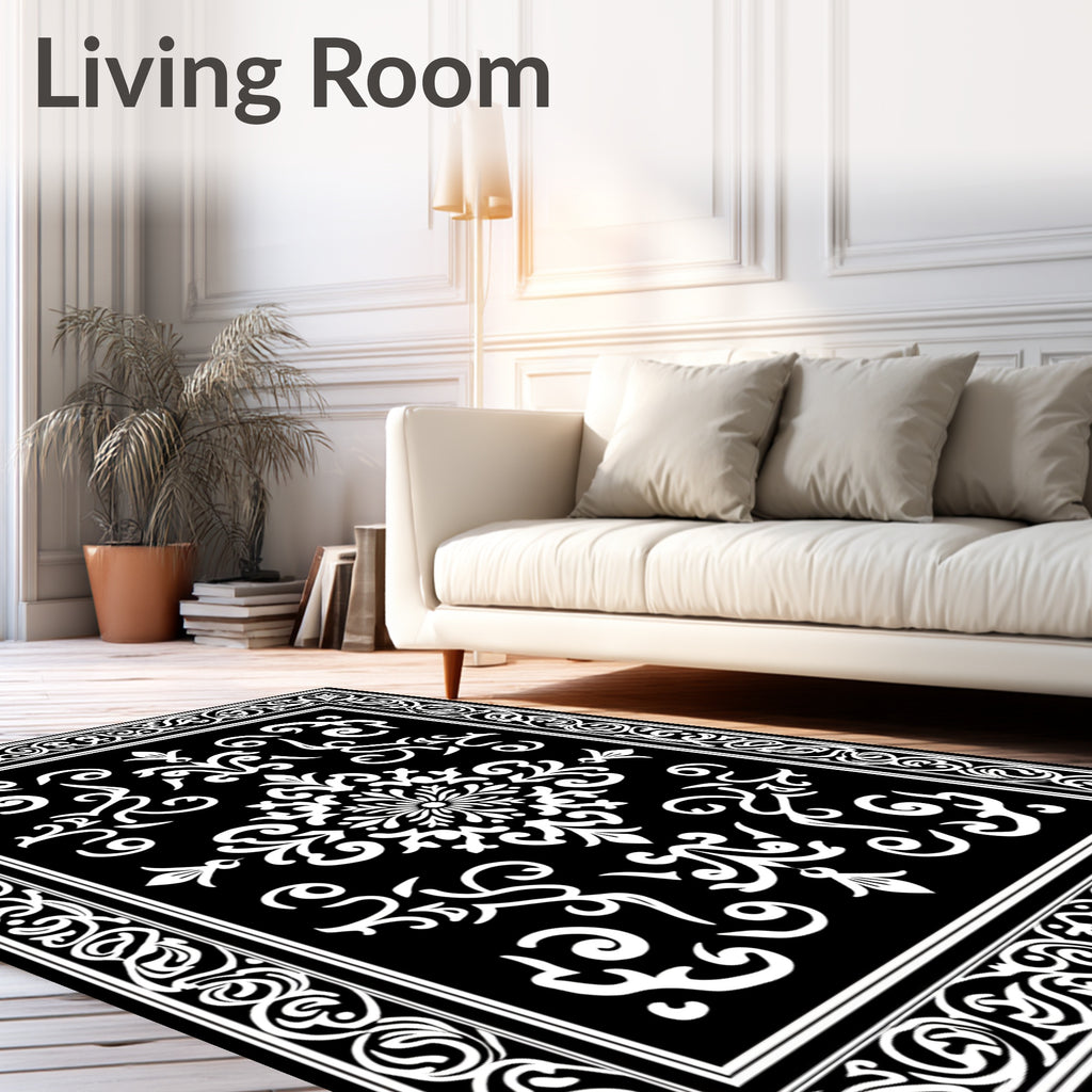 Classic Black White Damask Ornament Rug