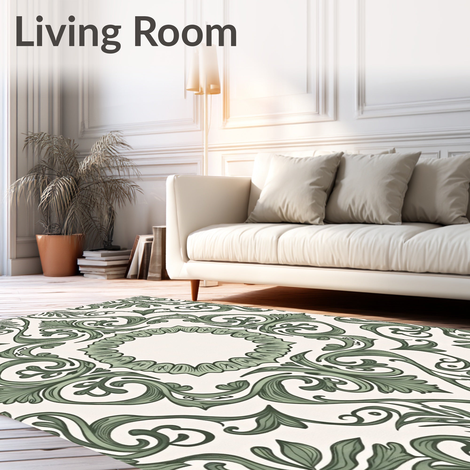 Vintage Green Scroll Leaf Damask Rug