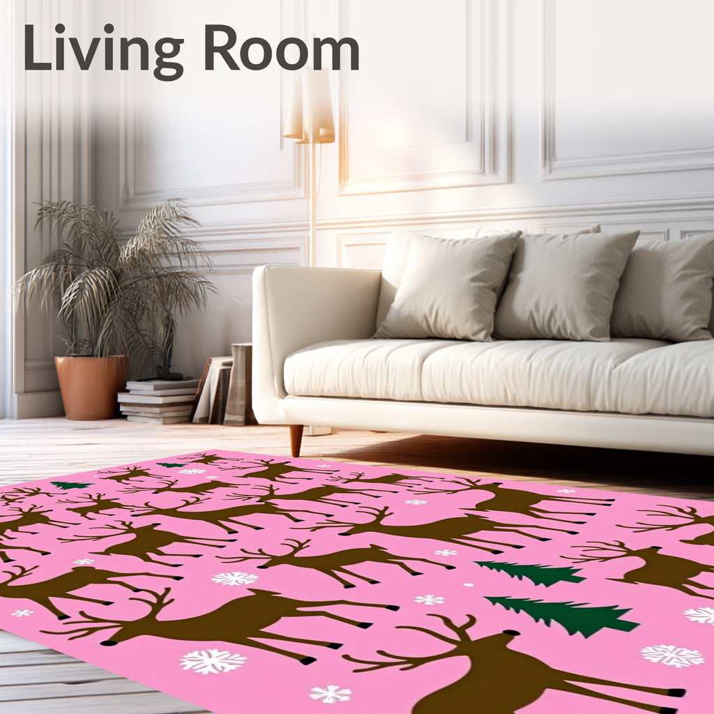 Pink Brown Reindeer Forest Snowflakes Rug