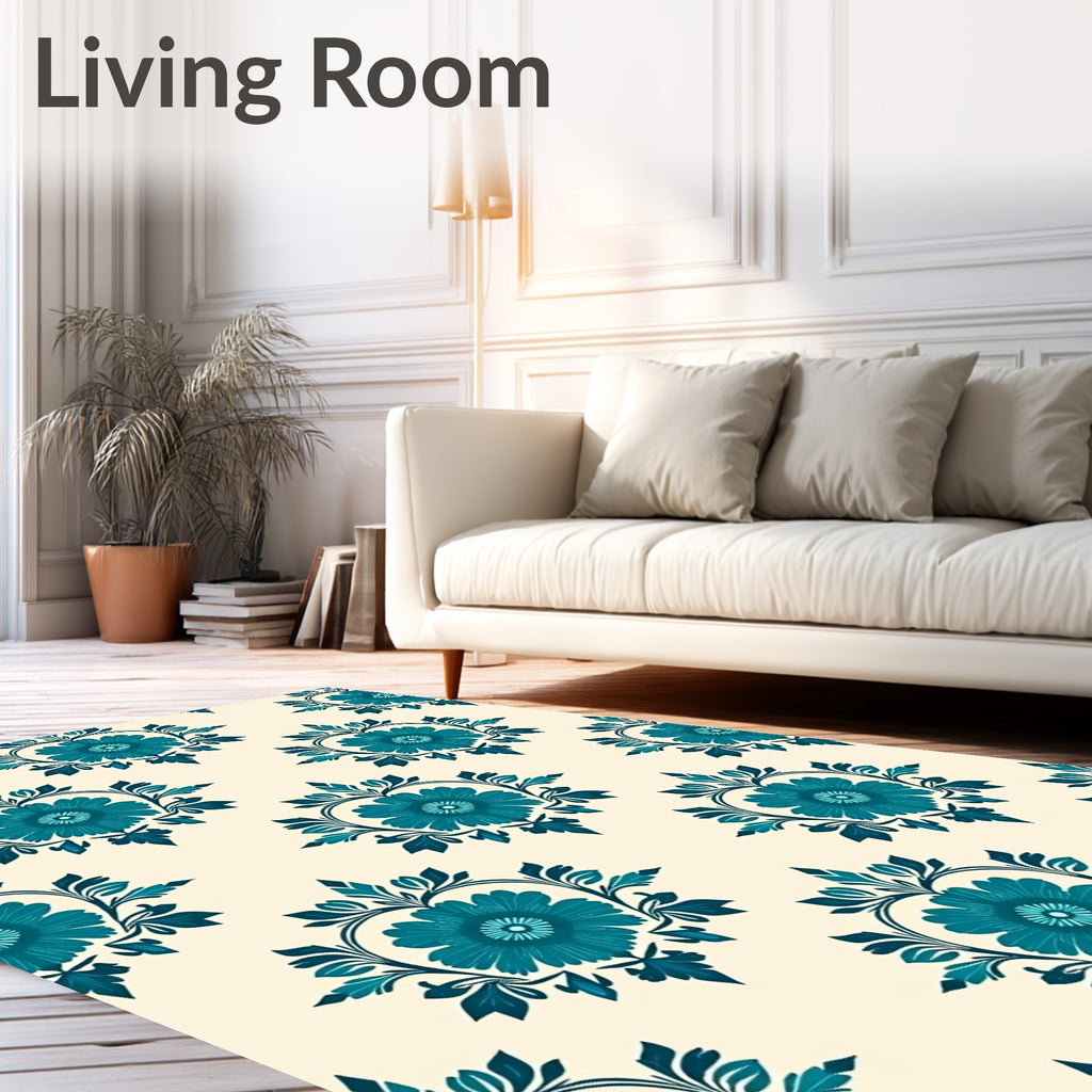 Teal Floral Damask Pattern Rug