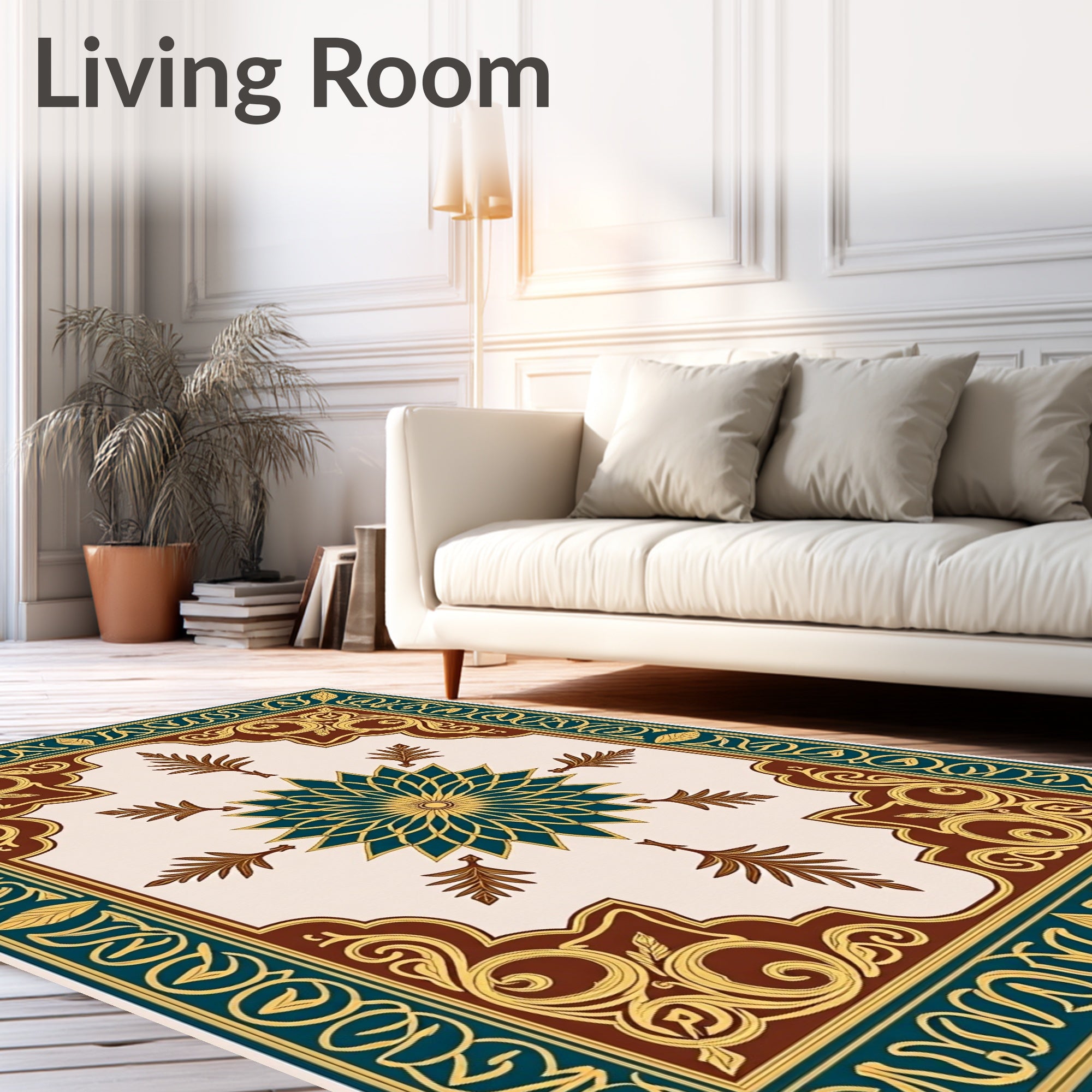 Elegant Teal Gold Floral Medallion Rug