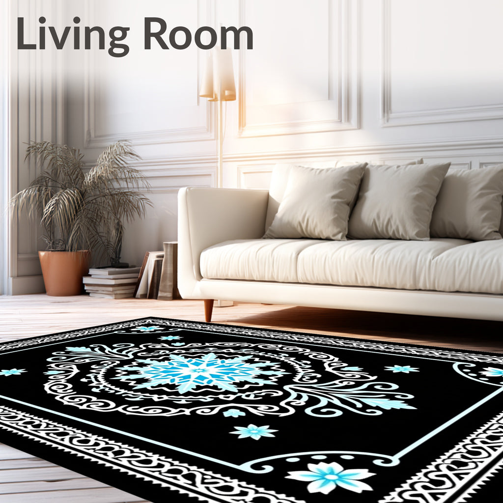 Black Cyan Floral Mandala Border Rug