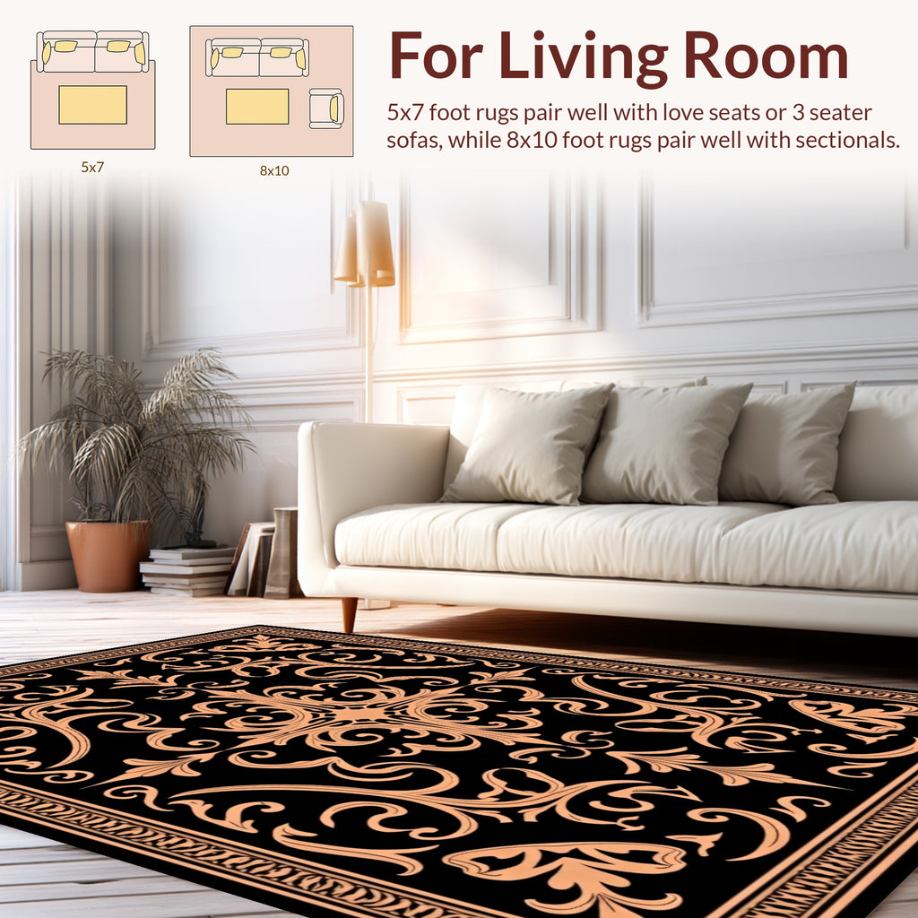 Ornate Black and Peach Flourish Design Rug
