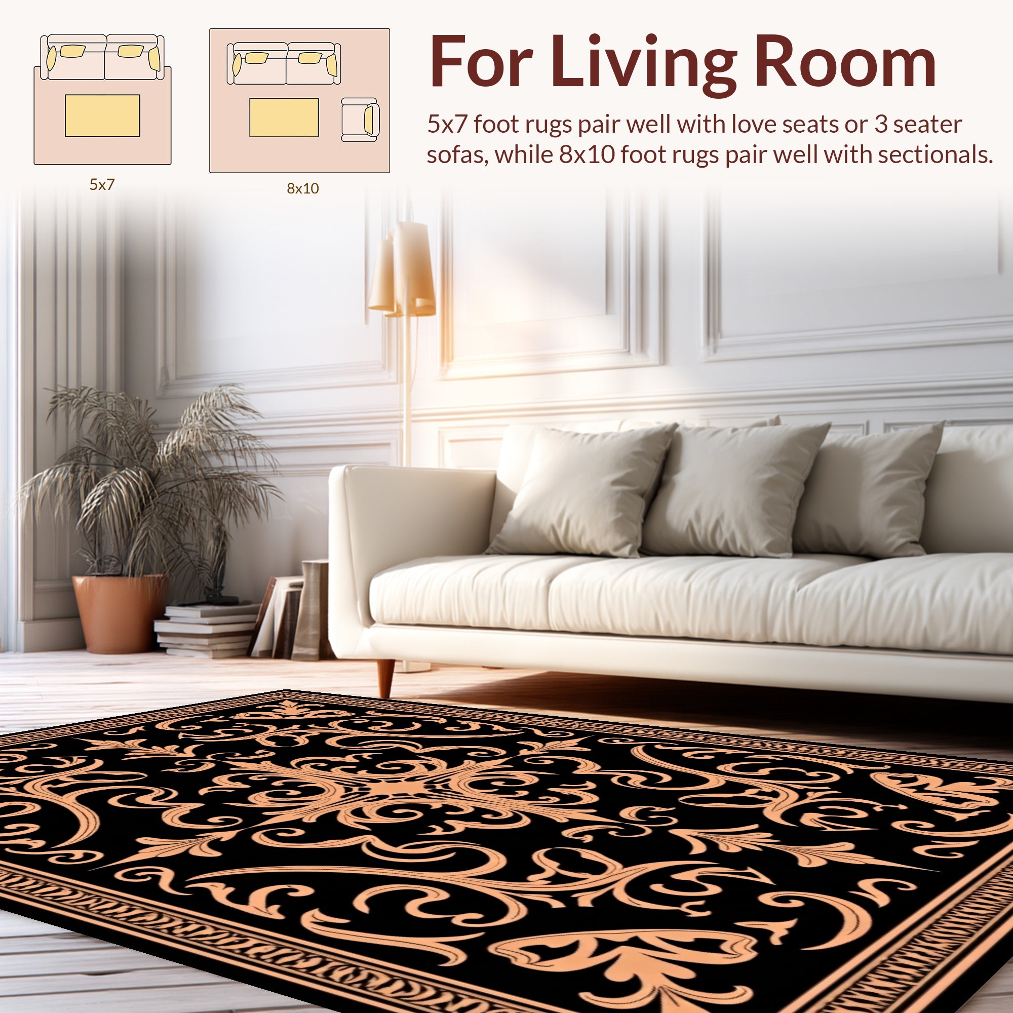Ornate Black and Peach Flourish Design Rug