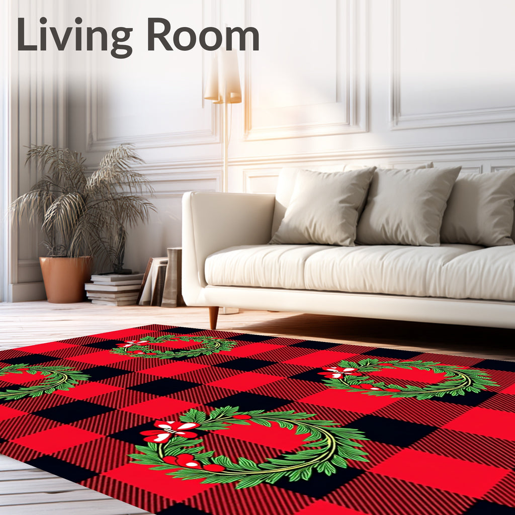 Red Green Festive Buffalo Check Wreath Rug