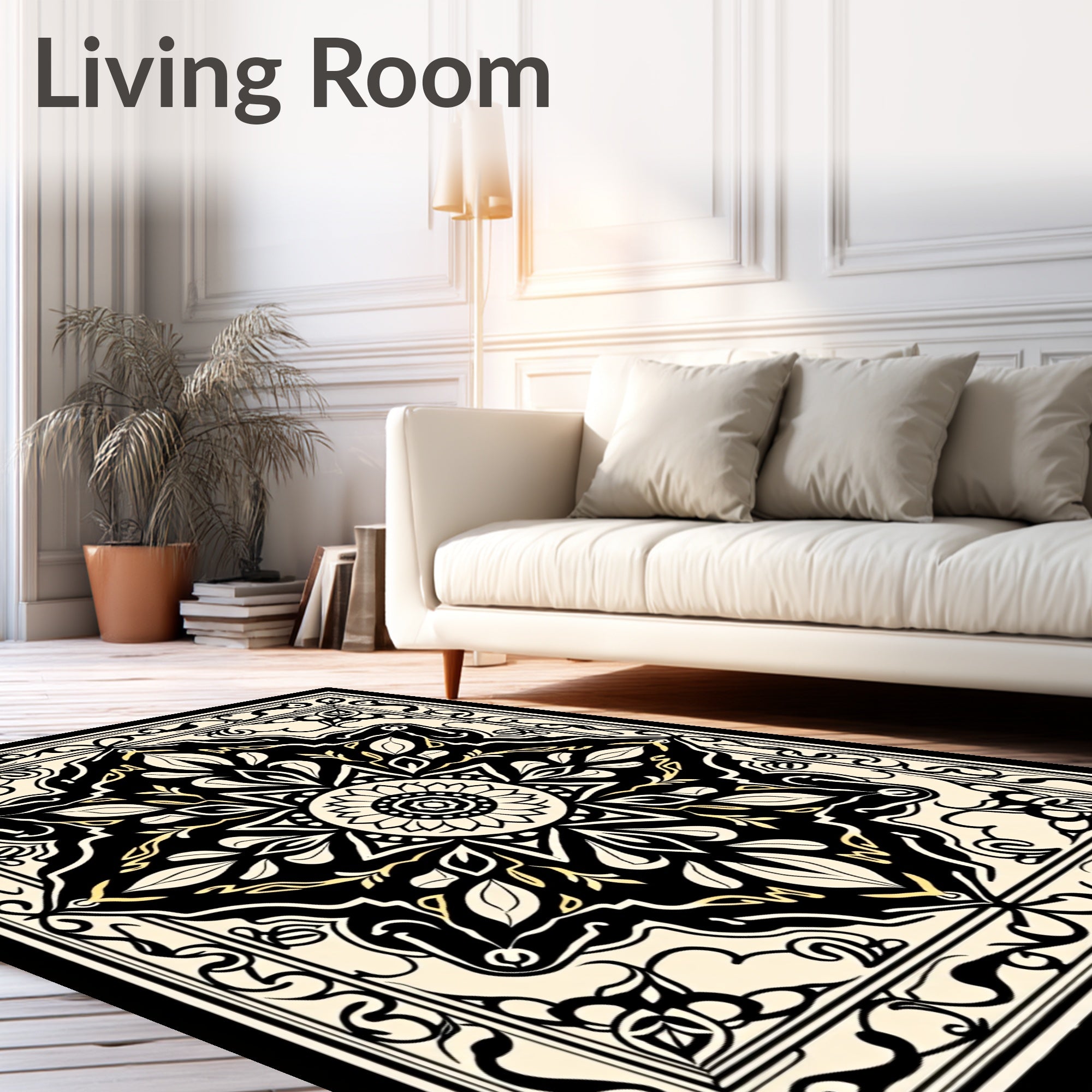 Ornate Black And Cream Floral Rug