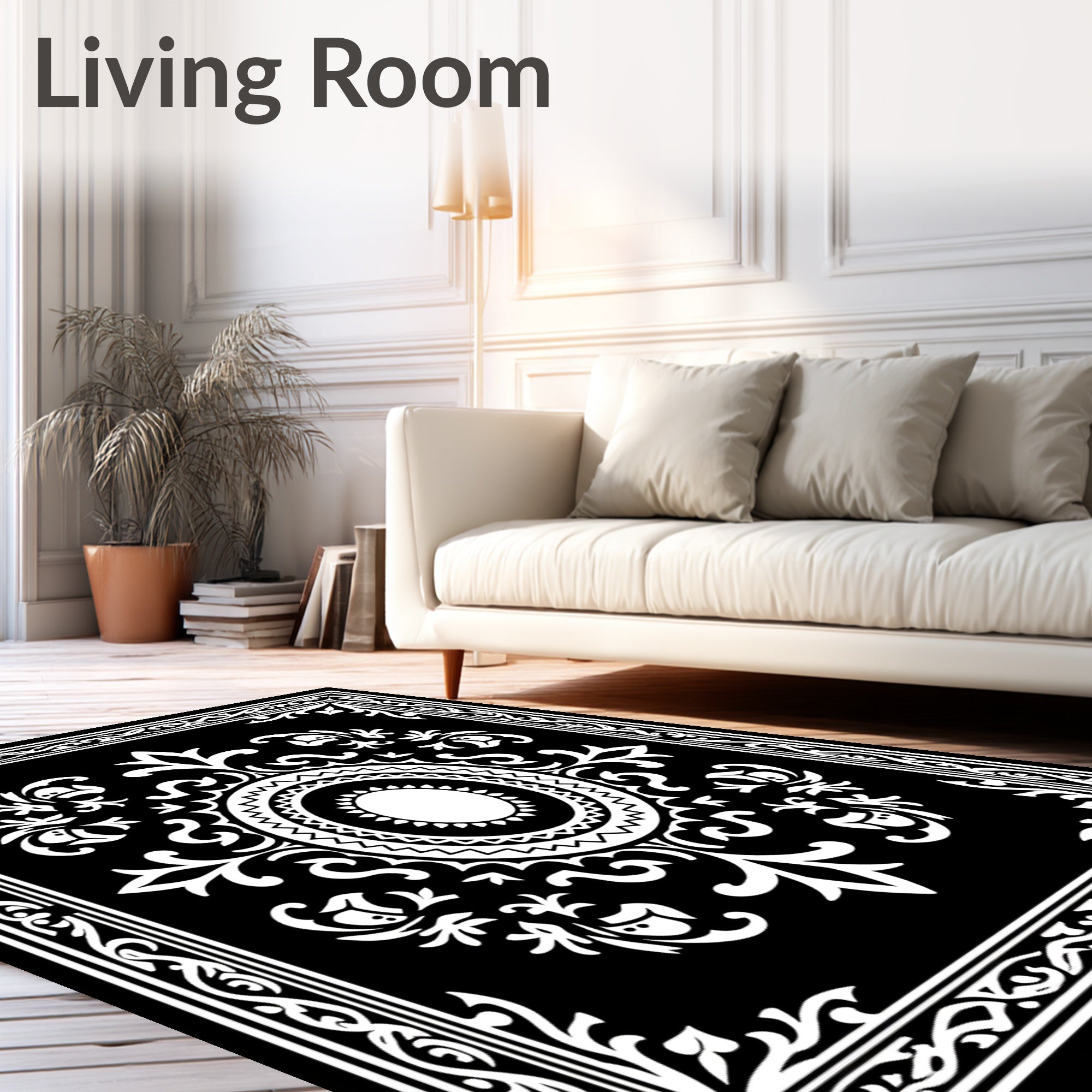 Classic Black White Floral Mandala Pattern Rug