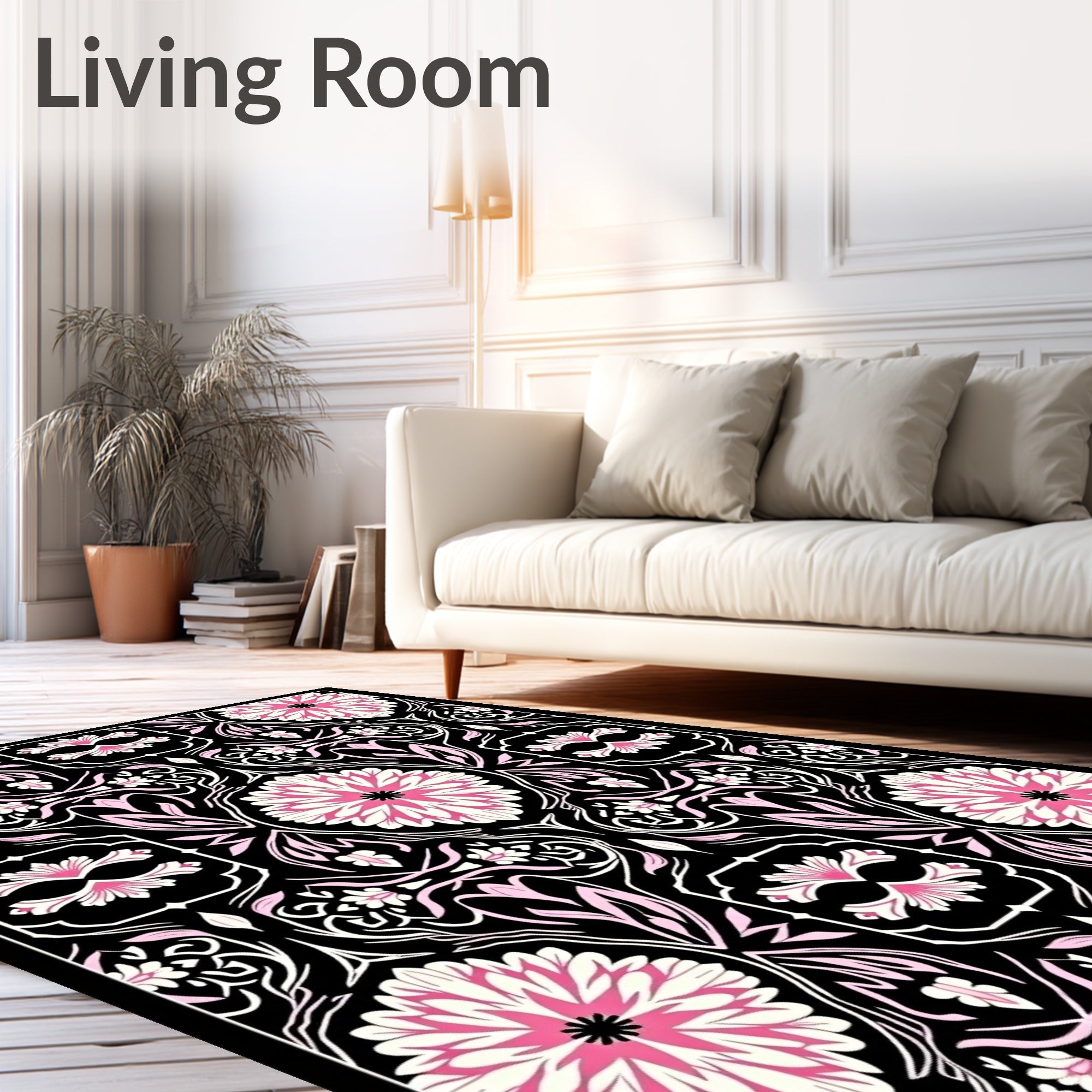 Ornate Pink Floral Black Garden Rug