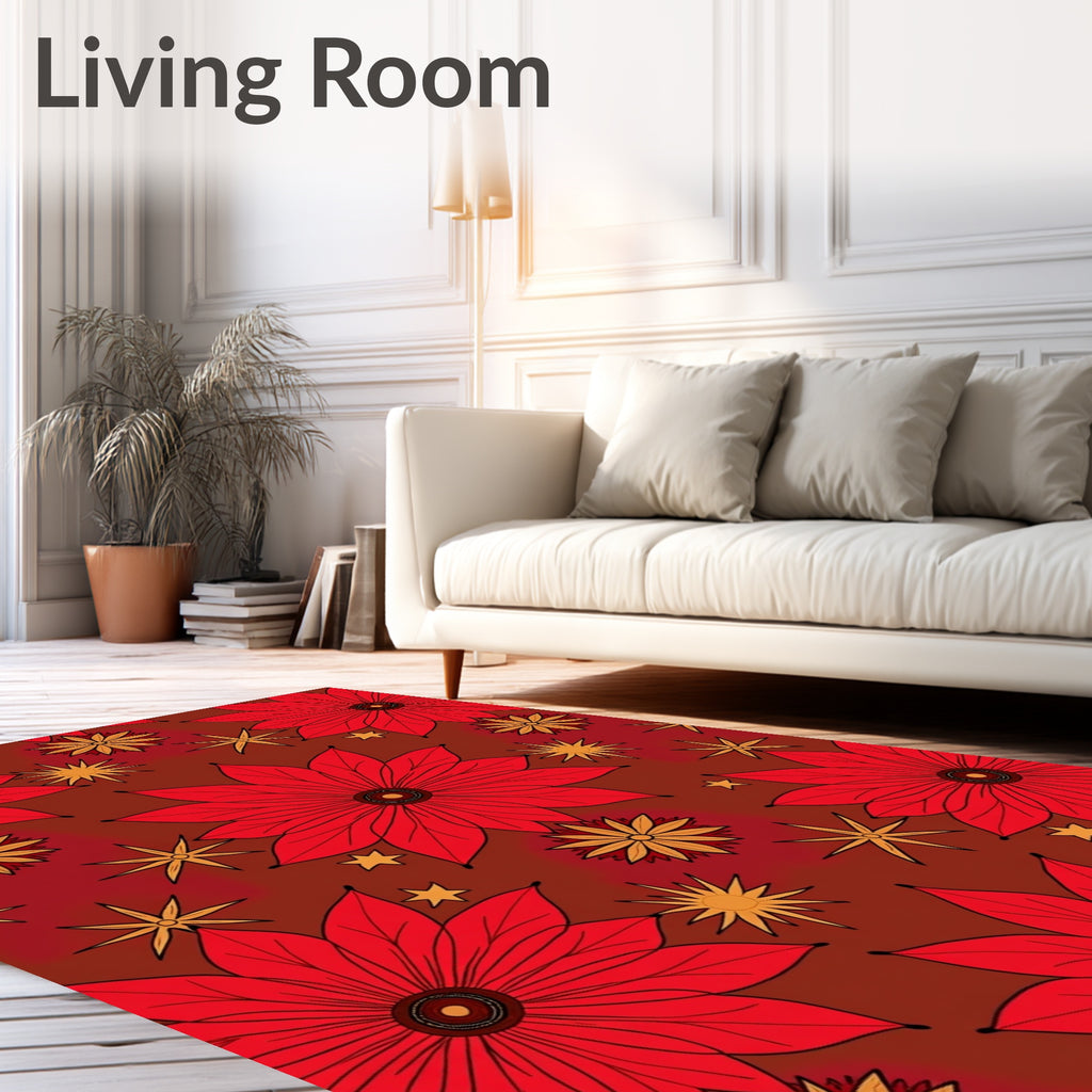 Red Floral Retro Starburst Pattern Rug