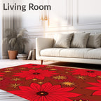 Red Floral Retro Starburst Pattern Rug