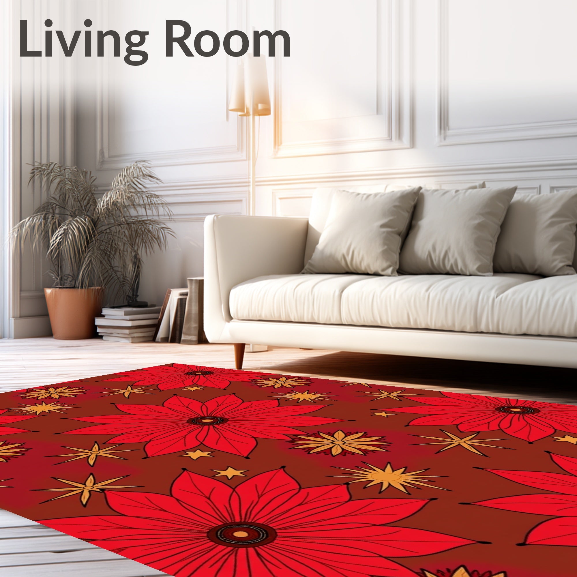 Red Floral Retro Starburst Pattern Rug
