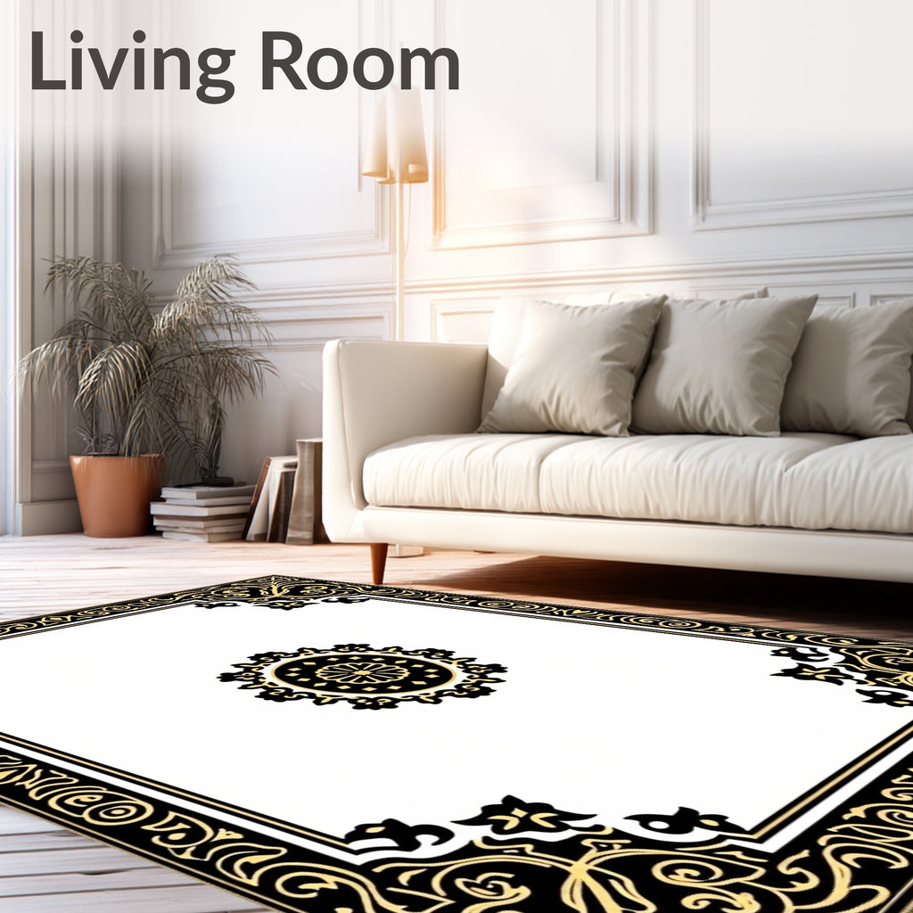 Ornate Black and Gold Floral Border Rug