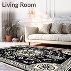 Black Floral Motif Mandala Design Rug