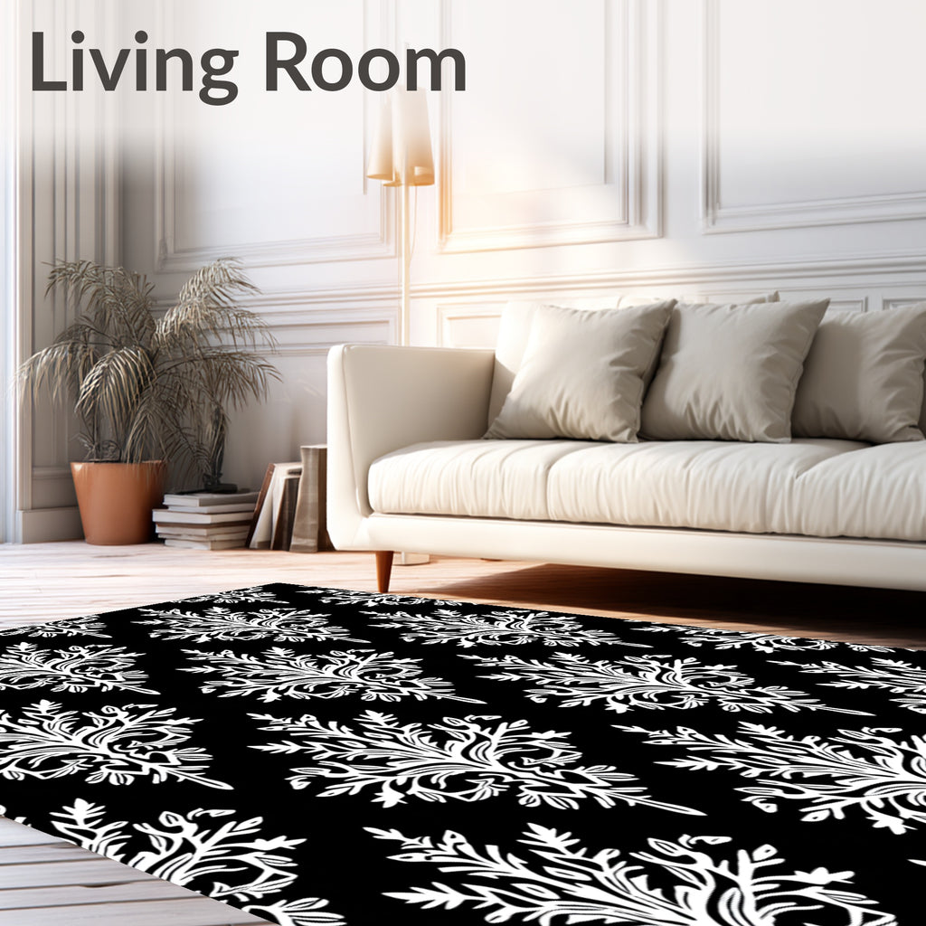 Black White Classic Floral Damask Rug
