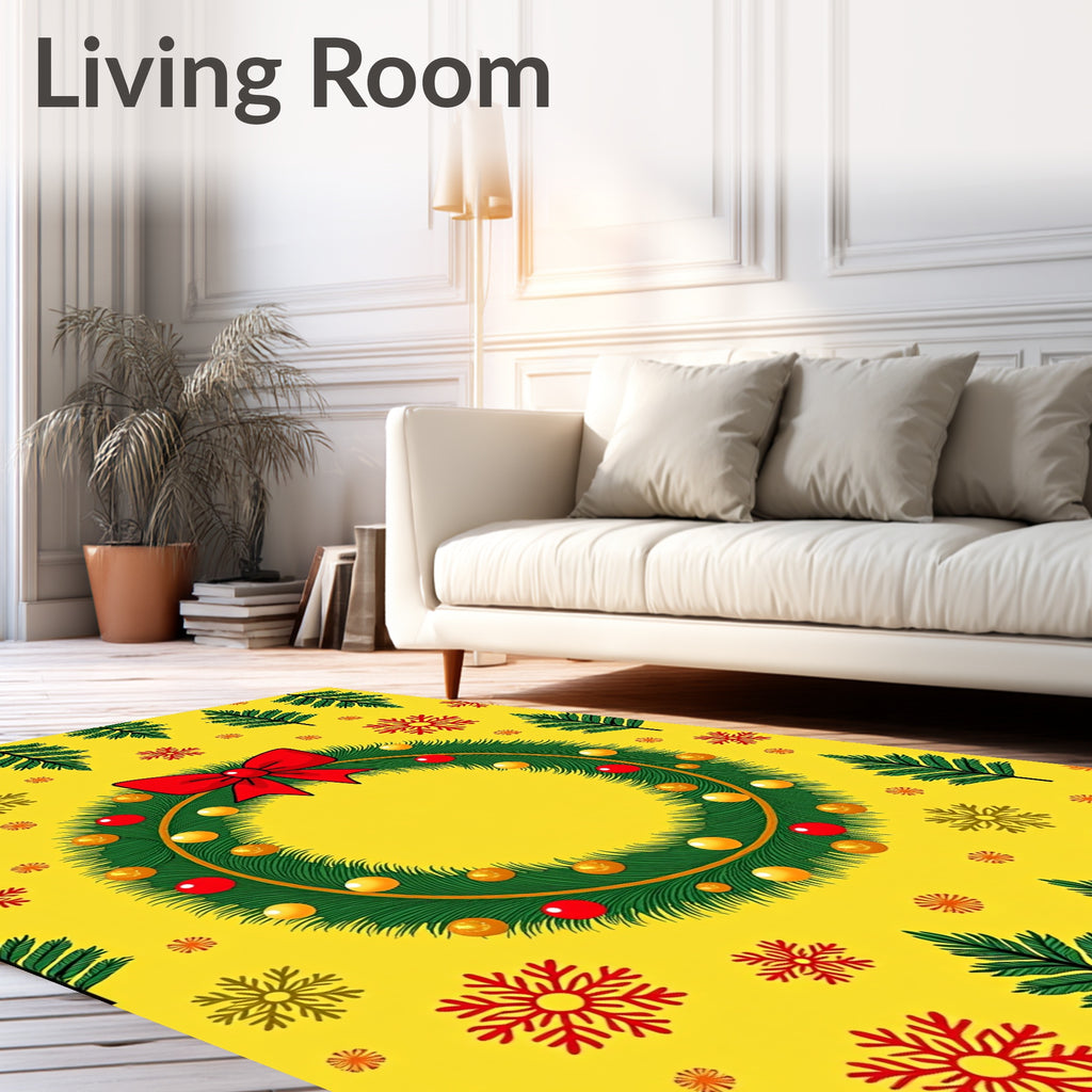 Festive Christmas Wreath Red Bow Snowflakes Rug