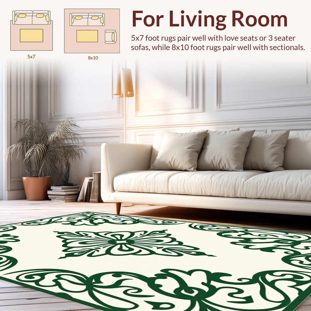 Elegant Emerald Leaf Scroll Design Rug