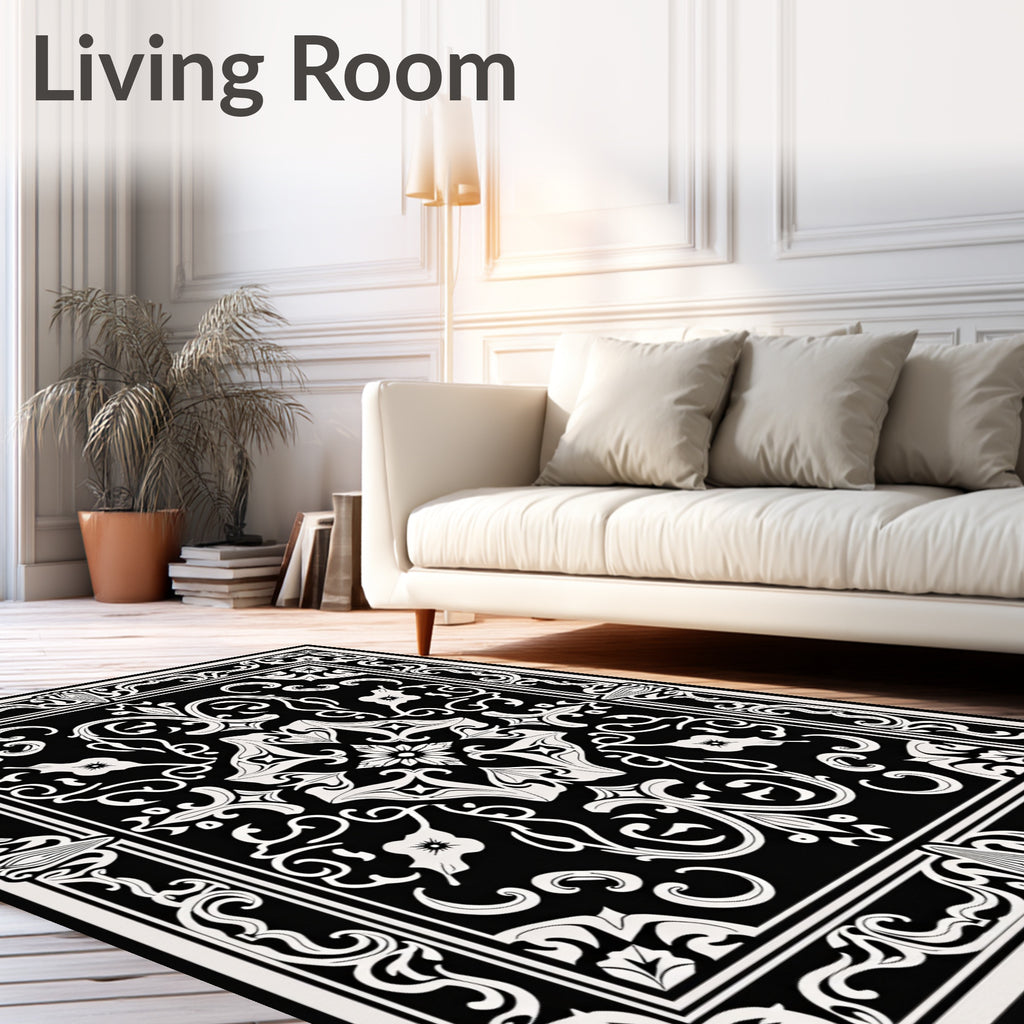 Ornate Black White Floral Pattern Rug